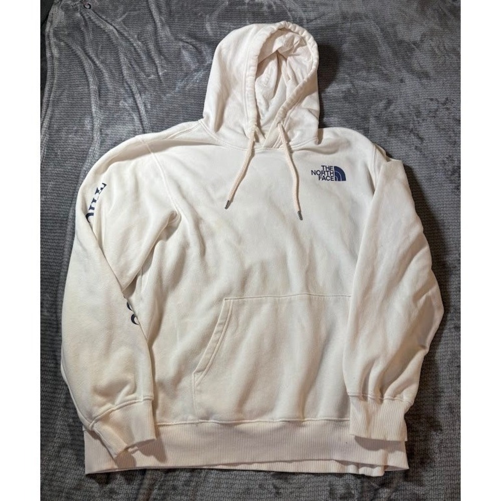 The North Face Mens XL White Fleece Pullover Hoodie Graphic Sleeve Logo